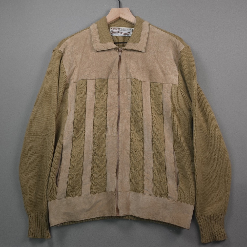 Vintage 80s Montgomery Ward Suede Cable Knit Sweater Jacket Full Zip Tan Mens L